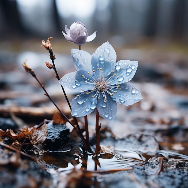 C'è un piccolo fiore blu con gocce d'acqua su di esso generativo ai