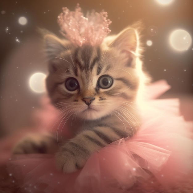 c'è un piccolo gattino che indossa una tiara rosa su una coperta rosa generativa ai