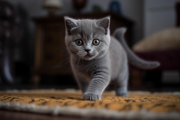 C'è un piccolo gattino grigio che cammina su un tappeto sul pavimento.