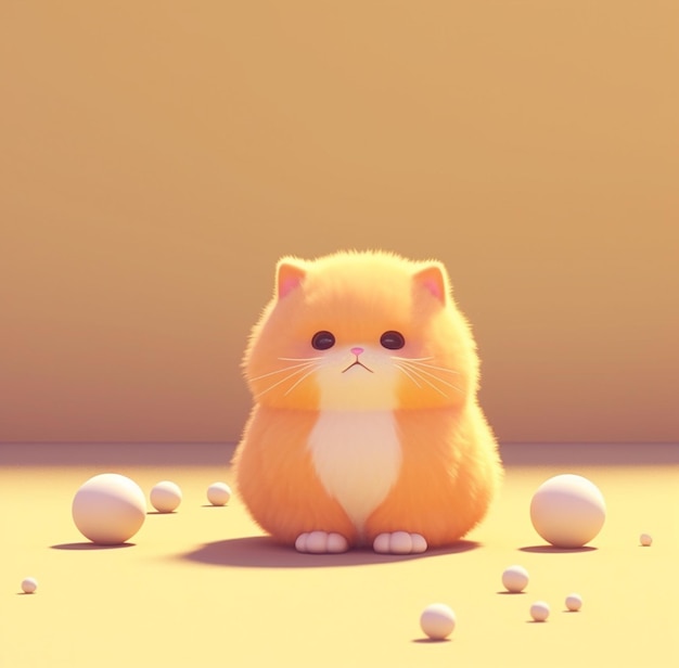 C'è un piccolo gatto arancione seduto tra le palle bianche generative ai
