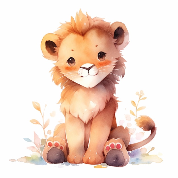 c'è un piccolo leone seduto a terra con un fiore generativo ai