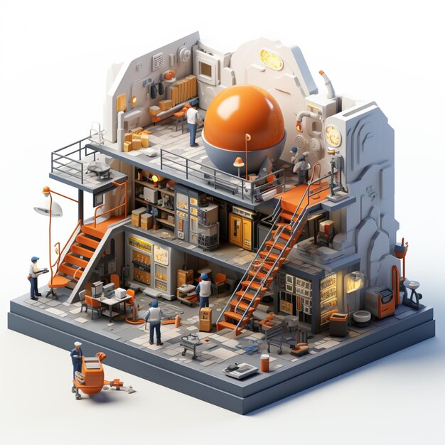 C'è un piccolo modello di un edificio con una gigantesca palla arancione generativa ai