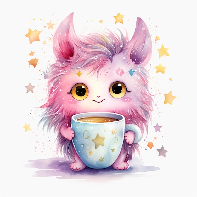 C'è un piccolo mostro rosa carino che tiene una tazza di caffè generativo ai