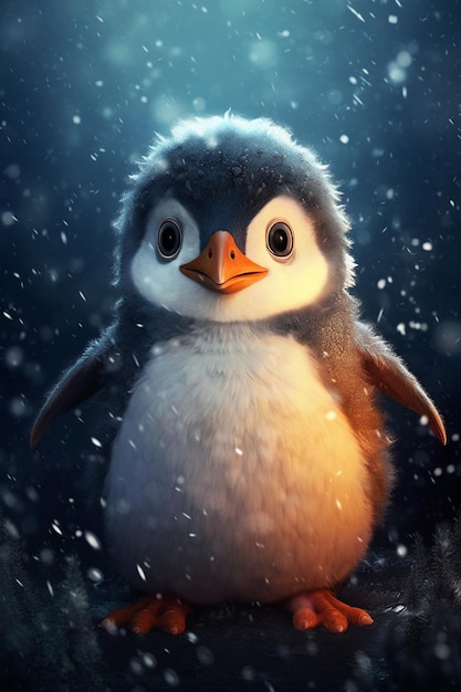 C'è un piccolo pinguino che è in piedi nella neve generativo ai