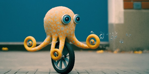 c'è un polipo giocattolo che va in bicicletta per strada ai generativa