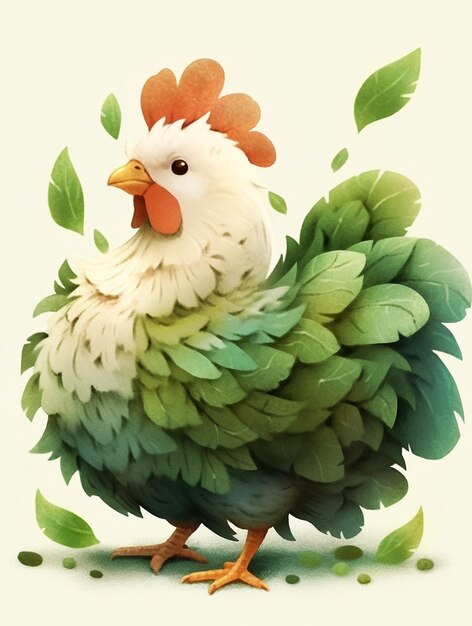 c'è un pollo con una testa rossa e piume verdi generativo ai