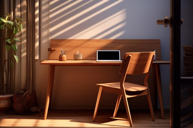 c'è un portatile su una scrivania di legno in una stanza generativa ai