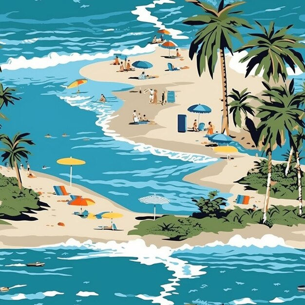 C'è un poster di una spiaggia con palme e persone generative ai