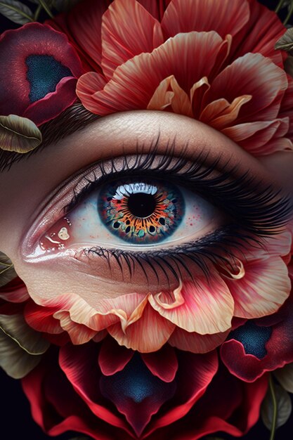 C'è un primo piano dell'occhio di una donna con dei fiori sopra l'ai generativa