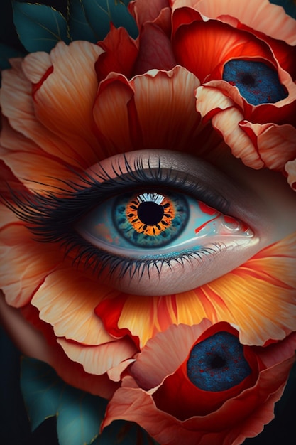 C'è un primo piano dell'occhio di una donna con fiori ai generati