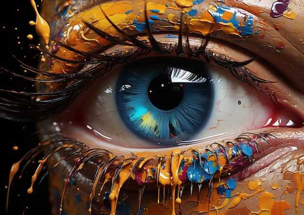 C'è un primo piano dell'occhio di una donna con la vernice su di esso.