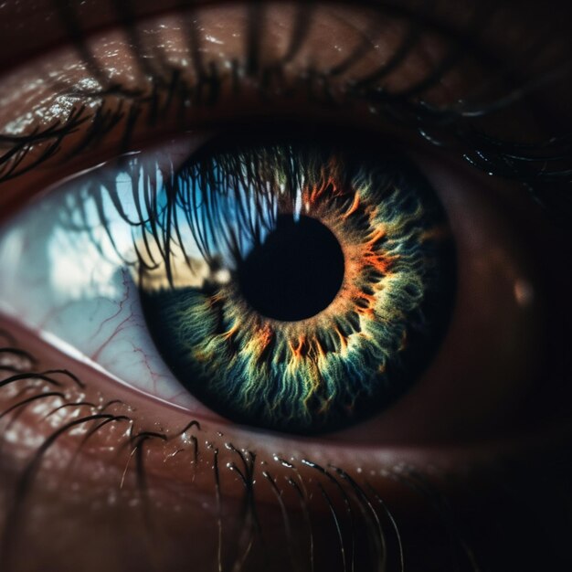 c'è un primo piano dell'occhio di una persona con un'ai generativa dell'iride color arcobaleno