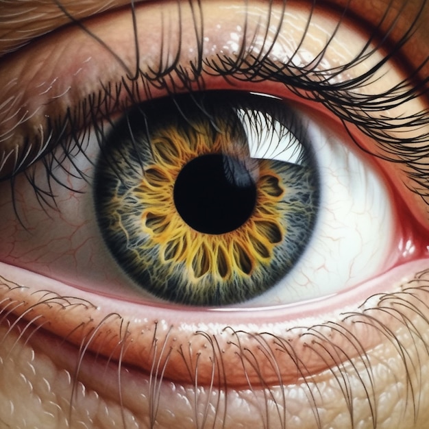 C'è un primo piano dell'occhio di una persona con un'iride gialla generativa ai