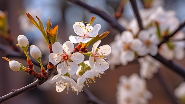 C'è un primo piano di un fiore bianco su un albero generativo ai