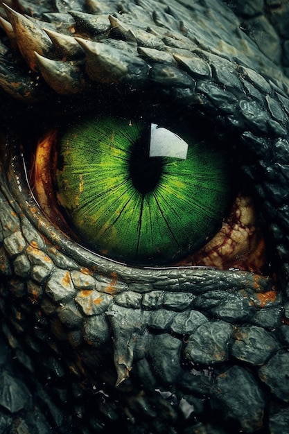 C'è un primo piano di un occhio verde su un drago generativo ai