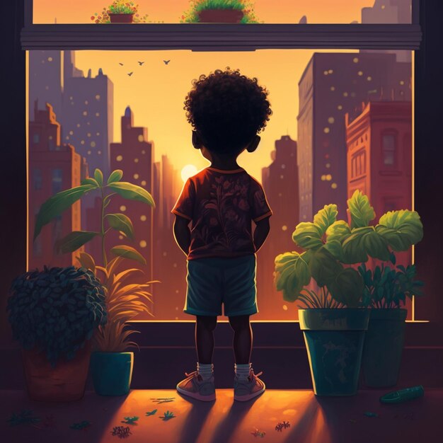c'è un ragazzino in piedi davanti a una finestra che guarda fuori generativo ai