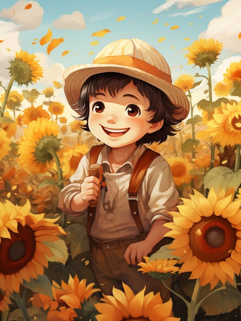 C'è un ragazzo con un cappello in piedi in un campo di girasoli generativi ai