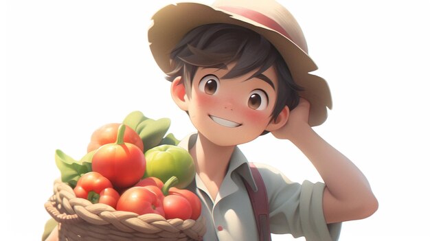 c'è un ragazzo dei cartoni animati che tiene un cesto di frutta e verdura generativa ai