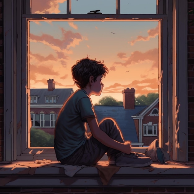 C'è un ragazzo seduto sul davanzale di una finestra che guarda il tramonto generativo ai