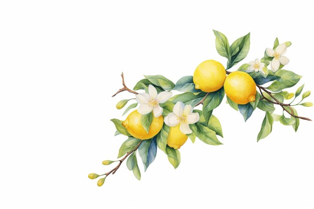 C'è un ramo di limoni con fiori e foglie generative ai