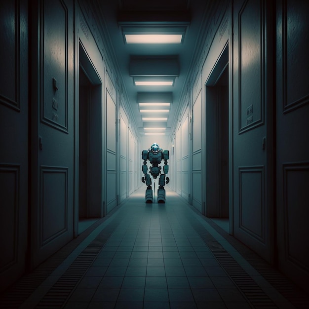 c'è un robot che cammina lungo un corridoio in un edificio che genera intelligenza artificiale