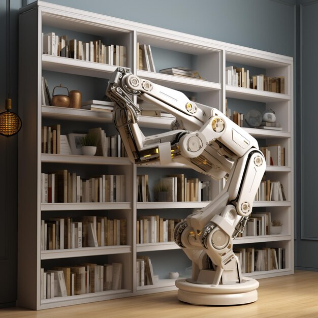 C'è un robot che sta in piedi su un tavolo di fronte a una libreria generativa ai