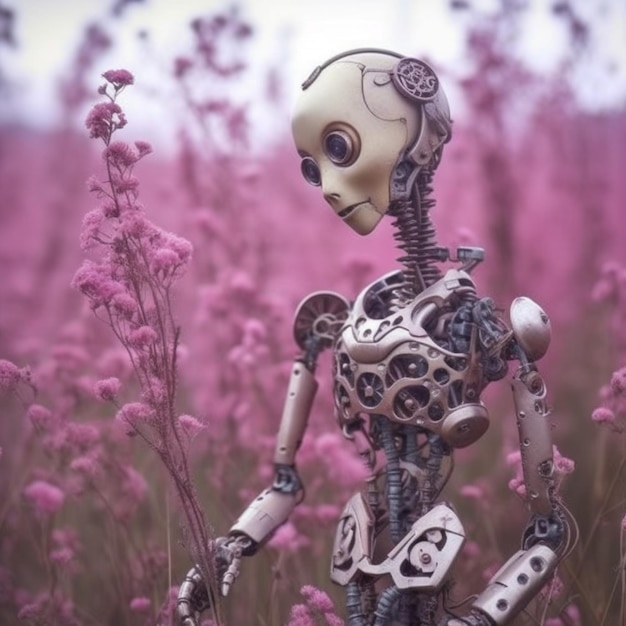 c'è un robot che sta in un campo di fiori generativo ai