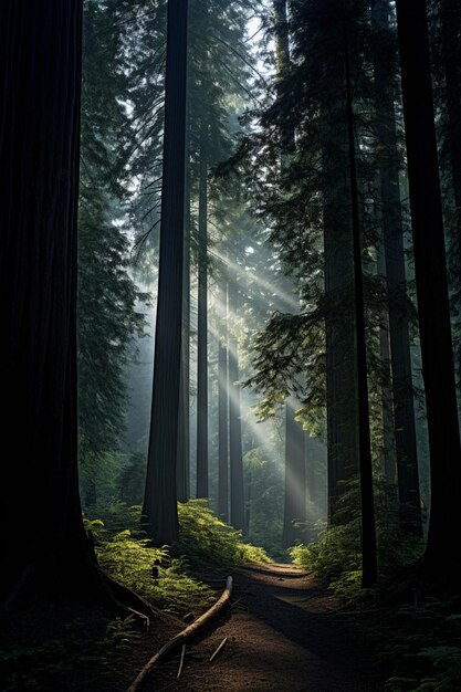 C'è un sentiero nel bosco con una panchina sul lato generativo ai