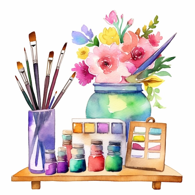 C'è un set di pittura con pennelli e un vaso di fiori generativi ai