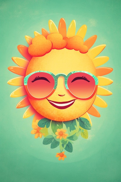 C'è un sole dei cartoni animati con gli occhiali da sole e un fiore generativo ai