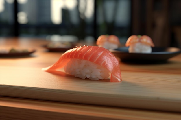 C'è un sushi su un tavolo di legno con un piatto di sushi ai generativo