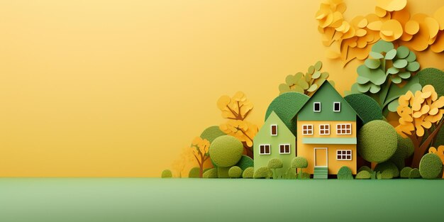 c'è un taglio di carta di una casa e alberi su uno sfondo giallo generativo ai