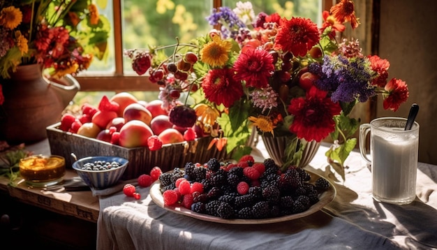 C'è un tavolo con un mazzo di frutta e fiori su di esso generativo ai