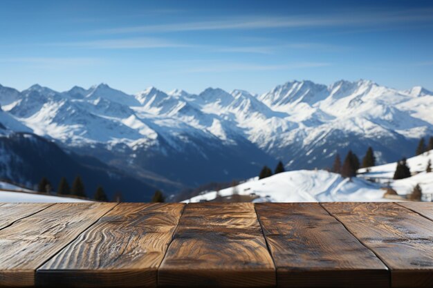 c'è un tavolo di legno con una vista sulla montagna sullo sfondo generativo ai