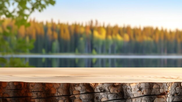 c'è un tavolo di legno con vista su un lago generativo ai