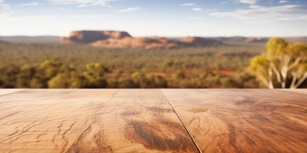 C'è un tavolo di legno con vista su una montagna generativa ai