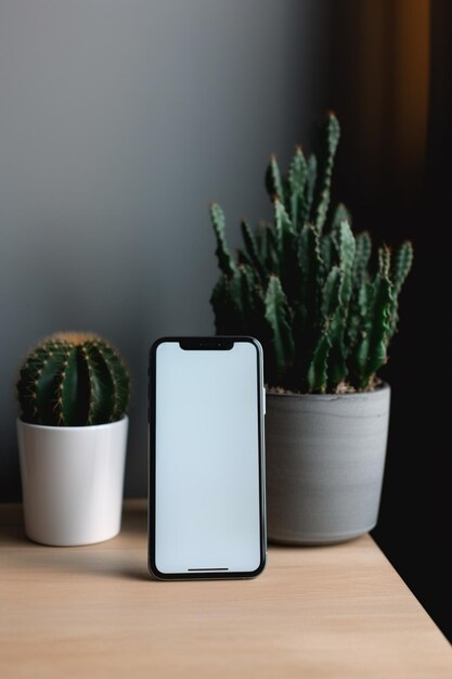 C'è un telefono seduto su un tavolo accanto a un cactus generativo ai