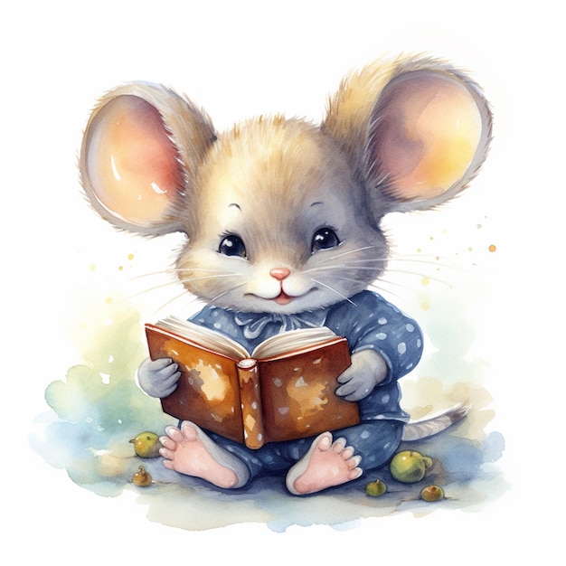 C'è un topolino che legge un libro mentre è seduto per terra generativo ai