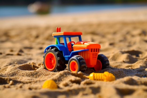 c'è un trattore giocattolo sulla sabbia con mais sulla spiaggia ai generativa