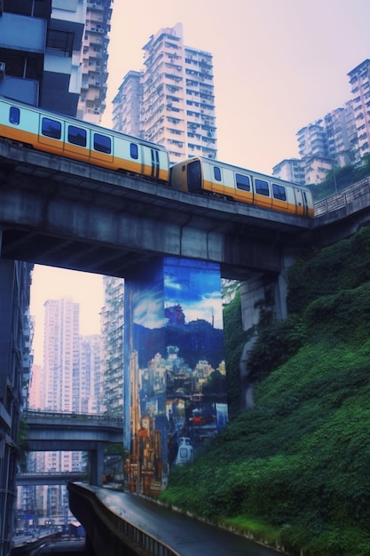 C'è un treno che sta attraversando un ponte nella città generativa ai