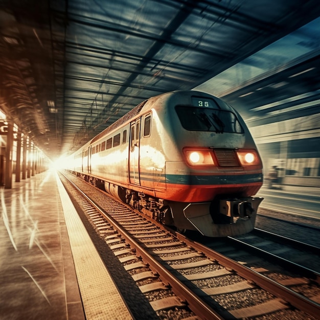 C'è un treno che sta scendendo i binari nella stazione generativa ai