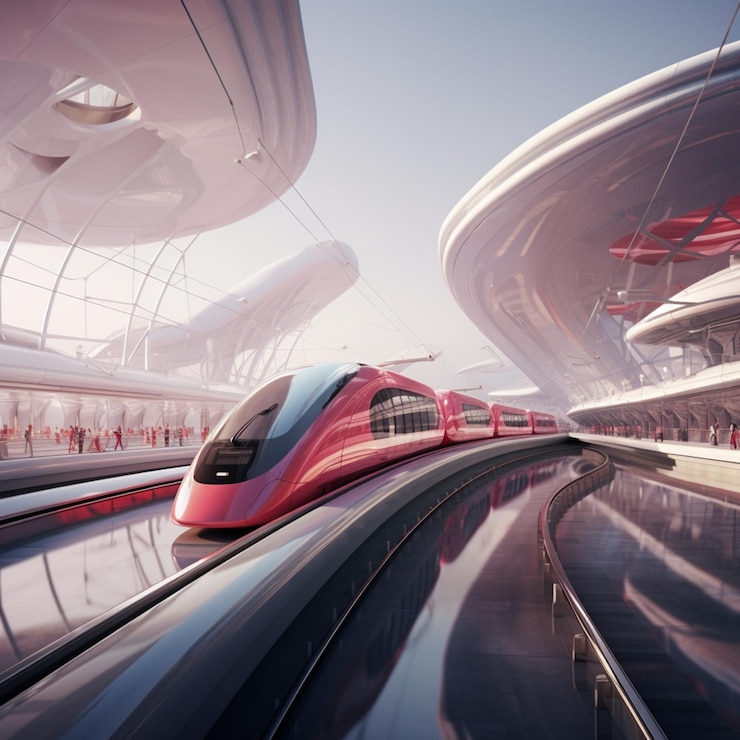 c'è un treno rosso che sta scendendo i binari generativo ai