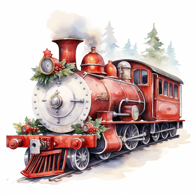 C'è un treno rosso con un albero di Natale sulla parte anteriore.