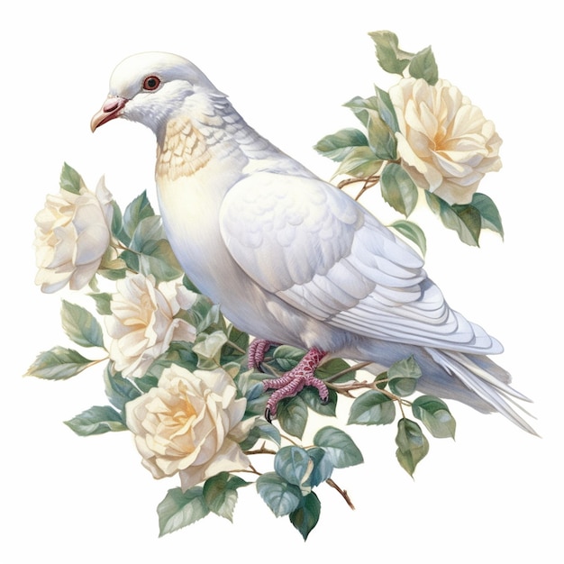 C'è un uccello bianco seduto su un ramo di un albero di rose generativo ai