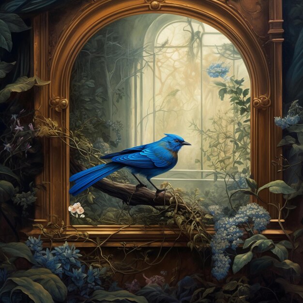 C'è un uccello blu seduto su un ramo davanti a uno specchio generativo ai