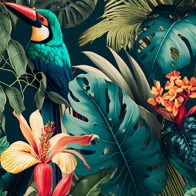 c'è un uccello colorato seduto su un ramo di un albero circondato da foglie tropicali generative ai
