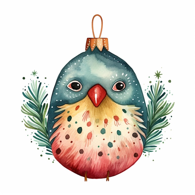 c'è un uccello con un ornamento natalizio sulla testa ai generativa