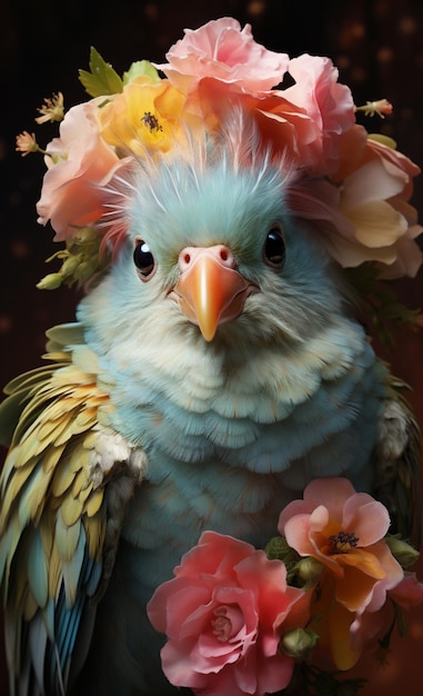 c'è un uccello con una corona di fiori sulla testa generativa ai