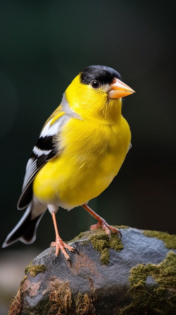 C'è un uccello giallo seduto su una roccia con una striscia bianca e nera ai generativa