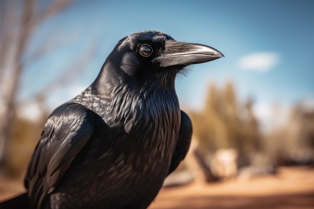 C'è un uccello nero che sta in piedi su un palo di legno ai generativo